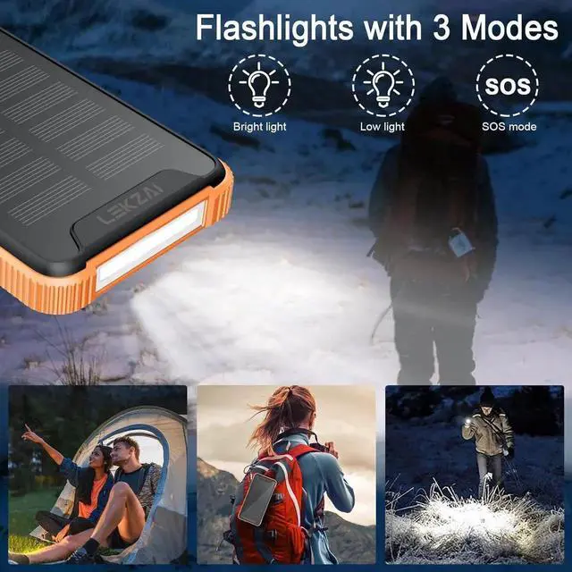 Alt view image 2 of 7 - JAENFONG Solar Power Bank Real Rated 10 000mAh Portable Wireless Fast Charger USB-C PD 20W External Battery Pack with LED Flashlight for Outdoor Camping -Orange