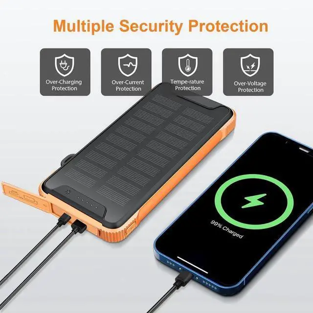 Alt view image 3 of 7 - JAENFONG Solar Power Bank Real Rated 10 000mAh Portable Wireless Fast Charger USB-C PD 20W External Battery Pack with LED Flashlight for Outdoor Camping -Orange