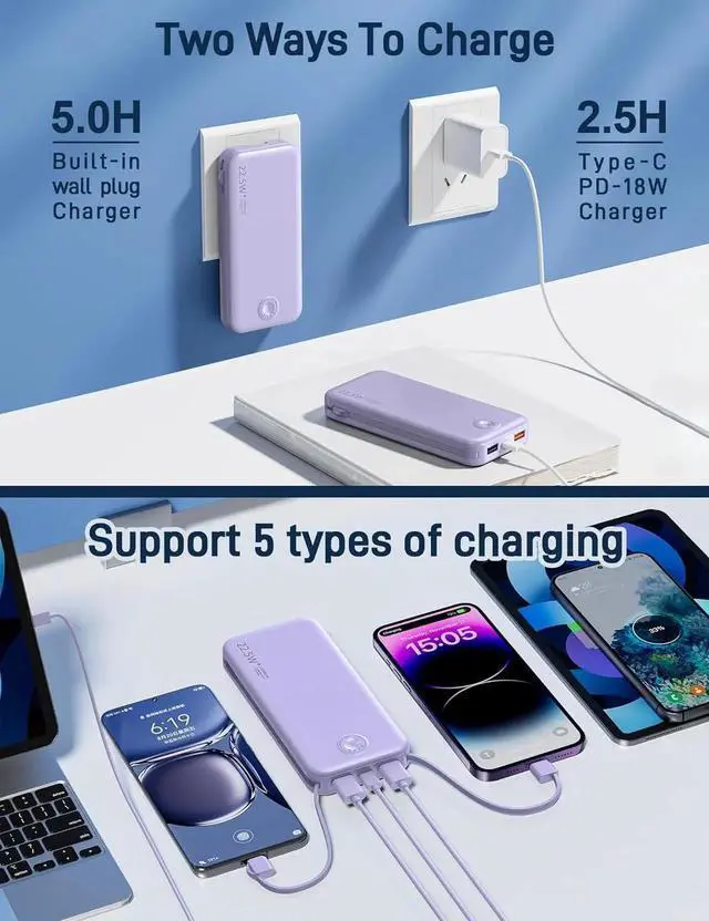 Alt view image 6 of 7 - JAENFONG Portable Charger with Built in Cable and AC Wall Plug USB C Power Bank 12000mAh 22.5W Super Fast Charging Lightweight Portable Phone Charger Travel Battery Pack for iPhone ect