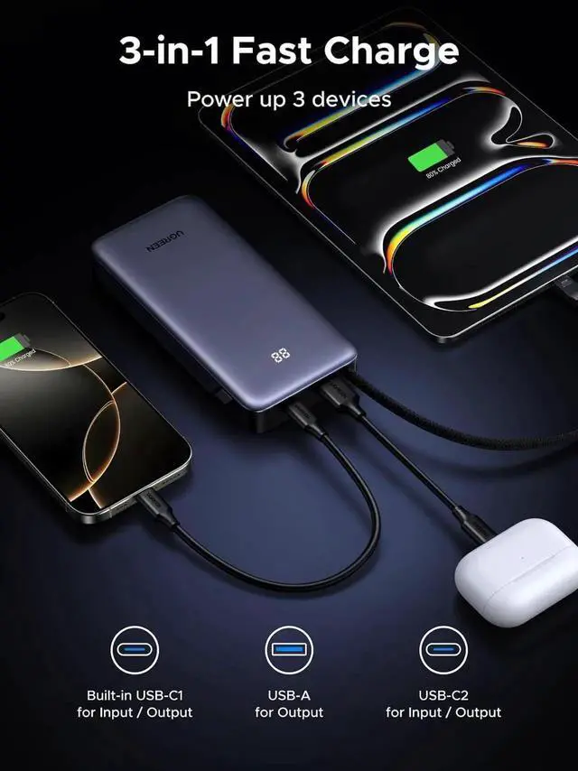 Alt view image 2 of 7 - JAENFONG Nexode Power Bank 20000mAh 45W with Built-in Cable Fast Charging Portable Charger for iPhone 16 Pro/ S25 Ultra/iPad Pro 3-Port External Battery Pack with Digital Display Travel Ready