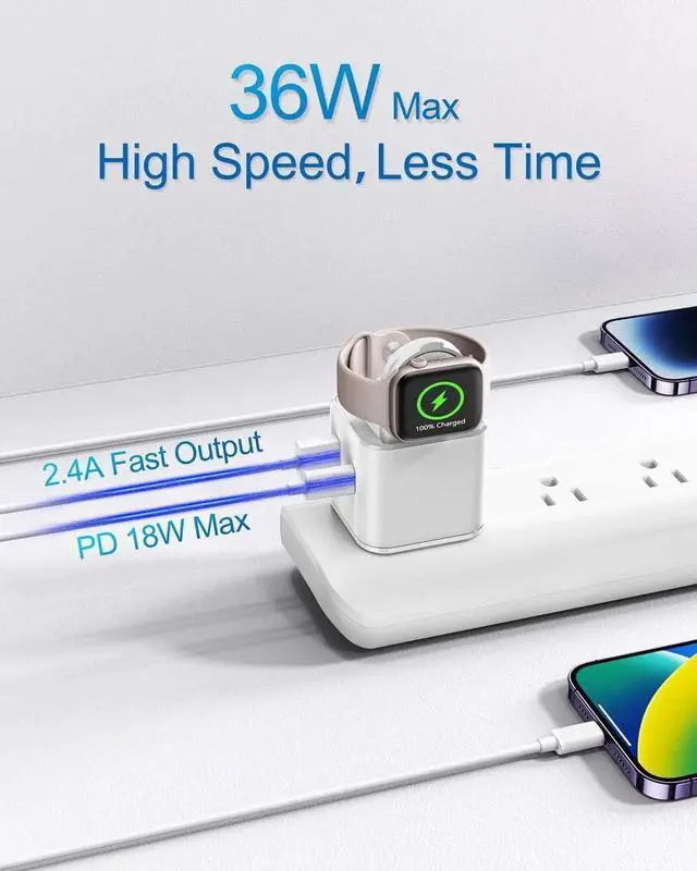 Alt view image 3 of 6 - 36W for Charging Block with Built-in Watch Charger Foldable PD Fast Charger Block for iPhone Dual Ports Wall Charger Compatible with Watch iPhone AirPods (White)