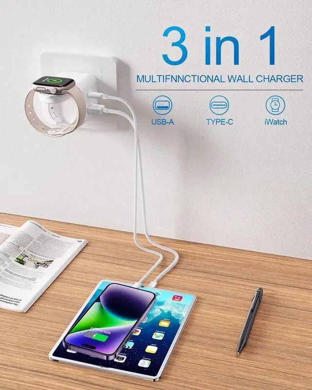 Alt view image 4 of 6 - 36W for Charging Block with Built-in Watch Charger Foldable PD Fast Charger Block for iPhone Dual Ports Wall Charger Compatible with Watch iPhone AirPods (White)