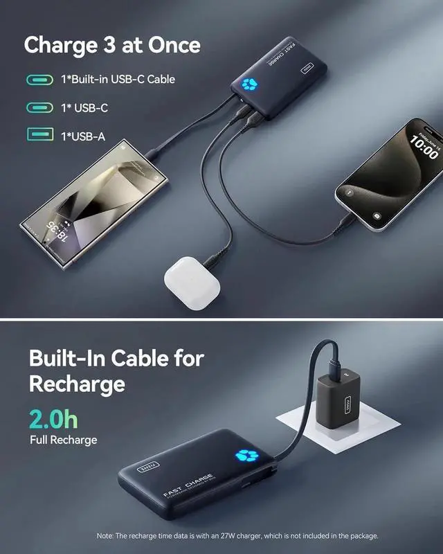 Alt view image 3 of 7 - JAENFONG 45W Portable Charger 10000mAh Built-in USB C Cable Fast Charging Power Bank Small Type C Battery Pack Powerbank for iPhone 16 15 14 13 iPad S25 S24 etc. Travel Camping Essentials