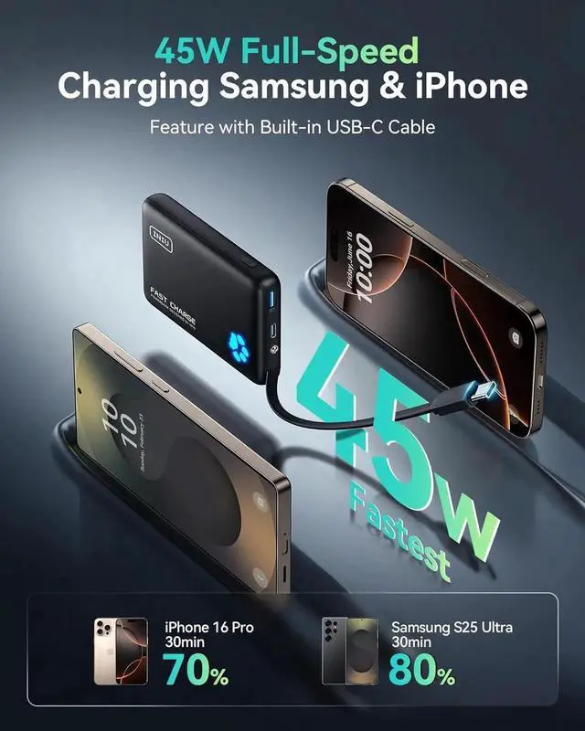 Alt view image 7 of 7 - JAENFONG 45W Portable Charger 10000mAh Built-in USB C Cable Fast Charging Power Bank Small Type C Battery Pack Powerbank for iPhone 16 15 14 13 iPad S25 S24 etc. Travel Camping Essentials