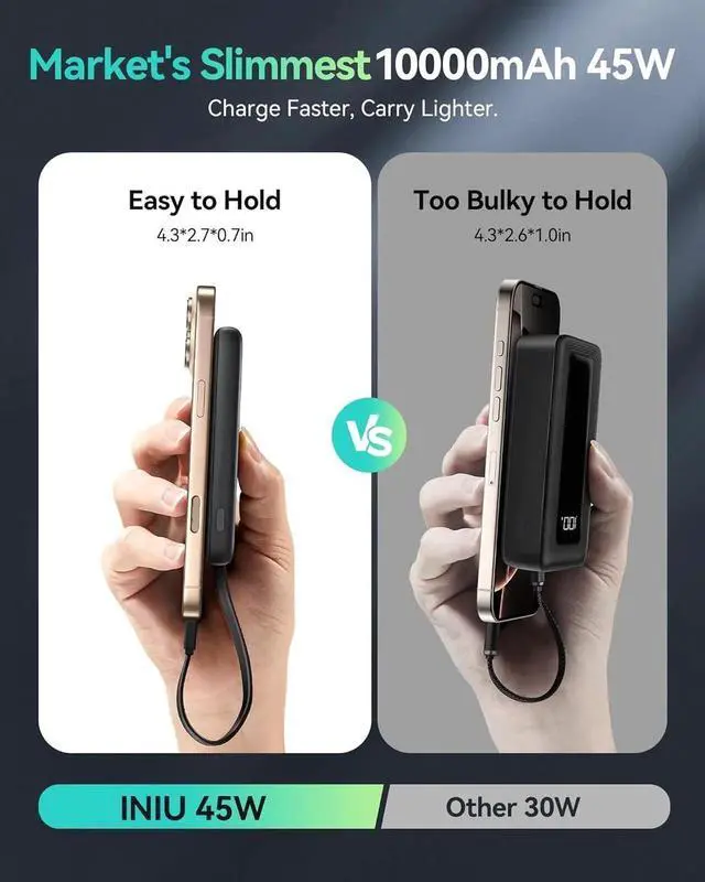 Alt view image 6 of 7 - JAENFONG 45W Portable Charger 10000mAh Built-in USB C Cable Fast Charging Power Bank Small Type C Battery Pack Powerbank for iPhone 16 15 14 13 iPad S25 S24 etc. Travel Camping Essentials