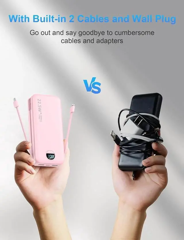 Alt view image 3 of 7 - JAENFONG Portable Charger with Wall Plug 20000mAh USB C Power Bank Fast Charging External Battery Pack with Built in Cables Digital Display 5 Output 2 Input for iPhone Android Cell Phone Tablet