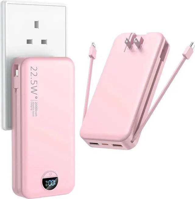 Main image of JAENFONG Portable Charger with Wall Plug 20000mAh USB C Power Bank Fast Charging External Battery Pack with Built in Cables Digital Display 5 Output 2 Input for iPhone Android Cell Phone Tablet
