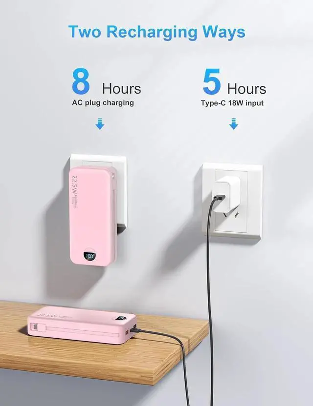 Alt view image 2 of 7 - JAENFONG Portable Charger with Wall Plug 20000mAh USB C Power Bank Fast Charging External Battery Pack with Built in Cables Digital Display 5 Output 2 Input for iPhone Android Cell Phone Tablet