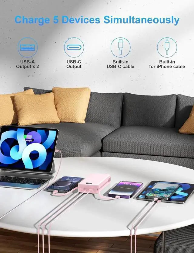 Alt view image 5 of 7 - JAENFONG Portable Charger with Wall Plug 20000mAh USB C Power Bank Fast Charging External Battery Pack with Built in Cables Digital Display 5 Output 2 Input for iPhone Android Cell Phone Tablet