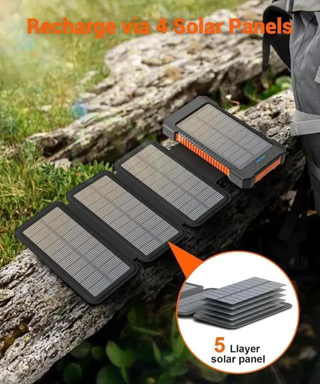 Alt view image 3 of 7 - JAENFONG Solar Power Bank 38800mAh with 4 Solar Panels Portable Charger USB C 18W Fast Charge for iPhone IP67 Waterproof Outdoor External Battery Pack with Flashlight Light/SOS/Strobe