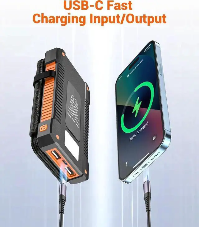 Alt view image 5 of 7 - JAENFONG Solar Power Bank 38800mAh with 4 Solar Panels Portable Charger USB C 18W Fast Charge for iPhone IP67 Waterproof Outdoor External Battery Pack with Flashlight Light/SOS/Strobe