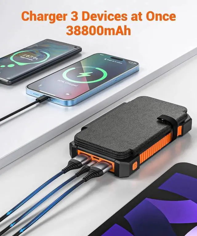 Alt view image 4 of 7 - JAENFONG Solar Power Bank 38800mAh with 4 Solar Panels Portable Charger USB C 18W Fast Charge for iPhone IP67 Waterproof Outdoor External Battery Pack with Flashlight Light/SOS/Strobe