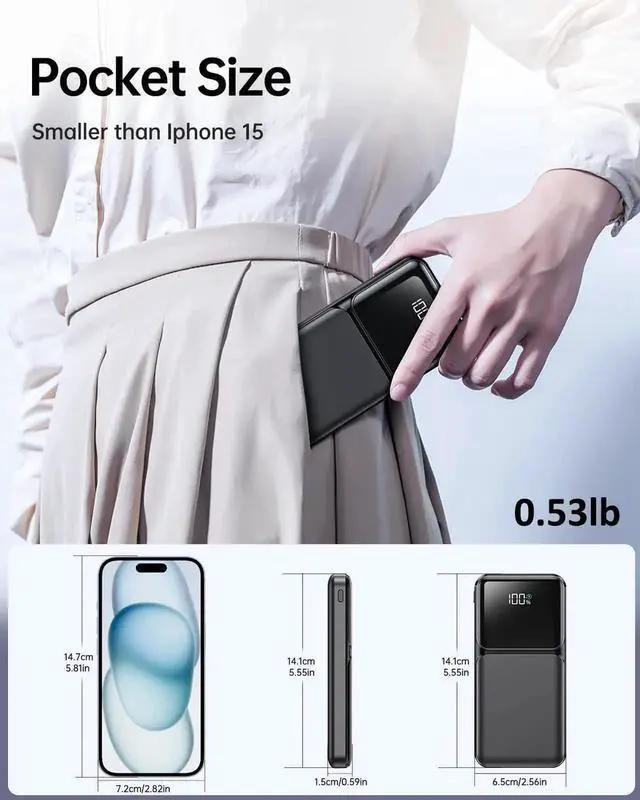 Alt view image 4 of 7 - JAENFONG Portable Charger with Built in Cable - 20000mAh Fast Charging 22.5W Slim Power Bank USB C LED Display Travel Battery Pack 5 Outputs & 3 Inputs for iPhone Android iPad Phones Tablets etc