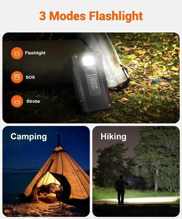 Alt view image 6 of 7 - JAENFONG Solar Power Bank 38800mAh with 4 Solar Panels Portable Charger USB C 18W Fast Charge for iPhone IP67 Waterproof Outdoor External Battery Pack with Flashlight Light/SOS/Strobe