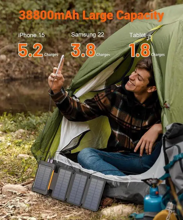 Alt view image 7 of 7 - JAENFONG Solar Power Bank 38800mAh with 4 Solar Panels Portable Charger USB C 18W Fast Charge for iPhone IP67 Waterproof Outdoor External Battery Pack with Flashlight Light/SOS/Strobe