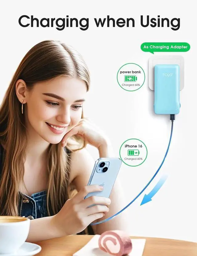 Alt view image 7 of 7 - JAENFONG 10000mAh Power Bank with Built-in AC Wall Plug and Cables Ultra Slim Phone External Battery Pack Portable Charger Compatible with iPhone and Android Devices
