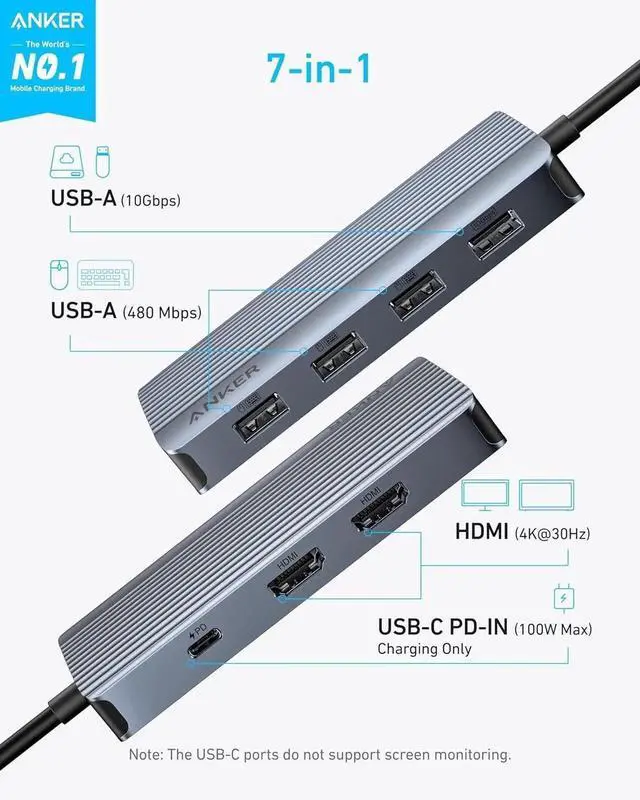 Alt view image 4 of 7 - JAENFONG 7-in-1 USB-C Hub Dual Monitor USB C Docking Station Dual HDMI Display 85W Max Output 10Gbps Data Transfers for XPS ThinkPad T14 Gen2 and More