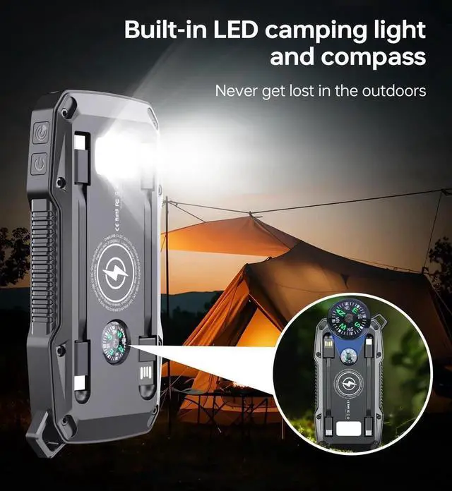 Alt view image 4 of 7 - Solar Charger Power Bank 10000mAh with Security Alarm 22.5W Fast Charging Portable Wireless Phone Charger Dual USB C Cables LED Flashlight External Battery Pack for Outdoor Camping Hiking Travel
