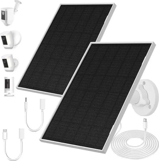 Main image of JAENFONG 2 Pack Ring Solar Panels Charger 6.5W Solar Panels Supply for Security Camera Waterproof Solar Panel Charger with Type-C Micro USB and DC Port 360°Adjustable Mounting