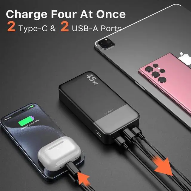 Alt view image 2 of 7 - JAENFONG Portable Power Bank 20000mAh 45W Portable Charger PD3.0 QC4.0 Fast Charging with LED Display 2 USB-C 2 USB-A Battery Pack for iPhone 15 14 13 Series MacBook Galaxy iPad and More (Black)