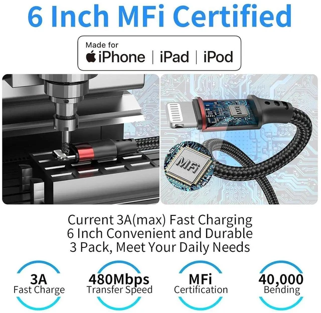 Alt view image 3 of 7 - JAENFONG 6 inch USB C to Lightning Cable Short 3 Pack USB C iPhone Charger Cable MFi Certified Braided 0.5ft Type C to Lightning Cable Fast Charging for iPhone 14 13 12 11 Pro Max XR XS SE
