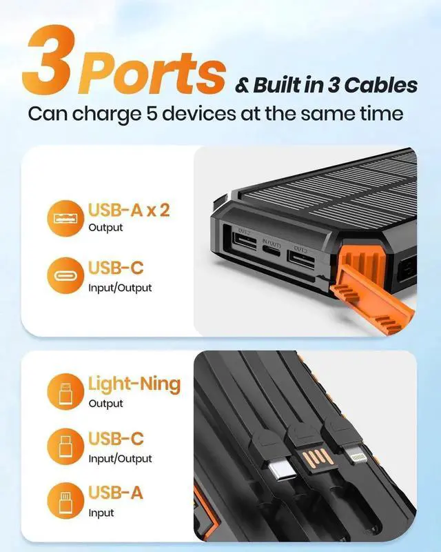 Alt view image 2 of 7 - JAENFONG Solar Charger for Outdoor: 27000mAh Power Bank with Built-in Cables - 15W Fast Charging Portable Charger with 2 Flashlights for iPhone Android -External Battery Pack for Camping Emergency