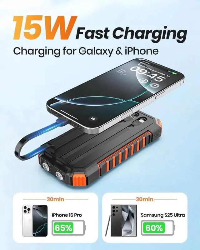 Alt view image 5 of 7 - JAENFONG Solar Charger for Outdoor: 27000mAh Power Bank with Built-in Cables - 15W Fast Charging Portable Charger with 2 Flashlights for iPhone Android -External Battery Pack for Camping Emergency