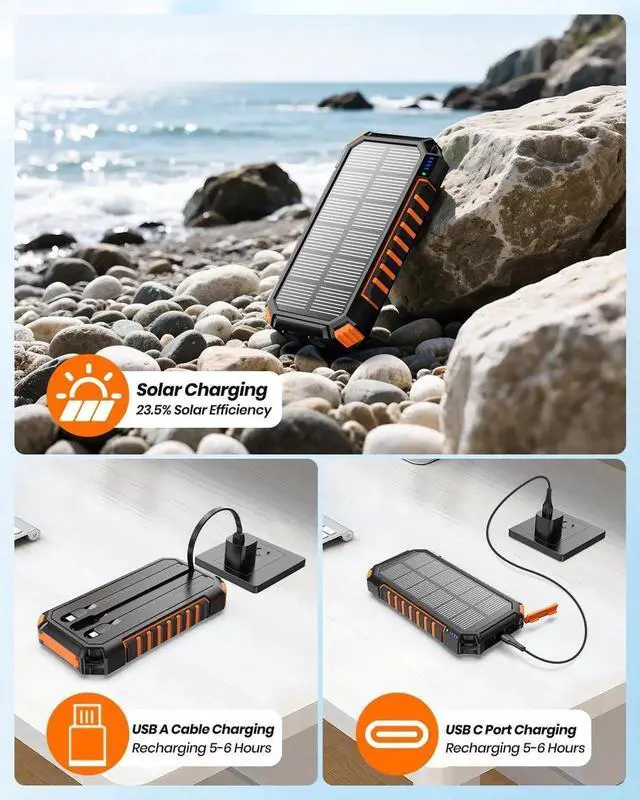Alt view image 4 of 7 - JAENFONG Solar Charger for Outdoor: 27000mAh Power Bank with Built-in Cables - 15W Fast Charging Portable Charger with 2 Flashlights for iPhone Android -External Battery Pack for Camping Emergency