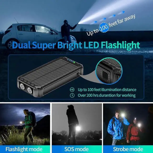 Alt view image 2 of 7 - Solar Portable Charger Power Bank:46800mAh Phone Powered Battery Pack Built-in 3 Cables 15w Fast Charging 4 Output for All Mobile Devices Dual Flashlights&Compass for Travel/Camping/Emergency (Orange)