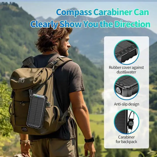 Alt view image 6 of 7 - Solar Portable Charger Power Bank:46800mAh Phone Powered Battery Pack Built-in 3 Cables 15w Fast Charging 4 Output for All Mobile Devices Dual Flashlights&Compass for Travel/Camping/Emergency (Orange)