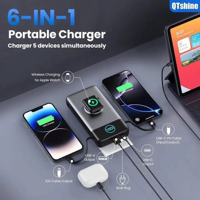 Alt view image 6 of 7 - Portable Charger 40800mAh Power Bank with Built-in Cables Wall Plug and iWatch Charger 6-IN-1 QC4.0+25W PD USB C Fast Phone Charging LCD Display Battery Pack for iPhone 16/15/14 Watch Galaxy etc