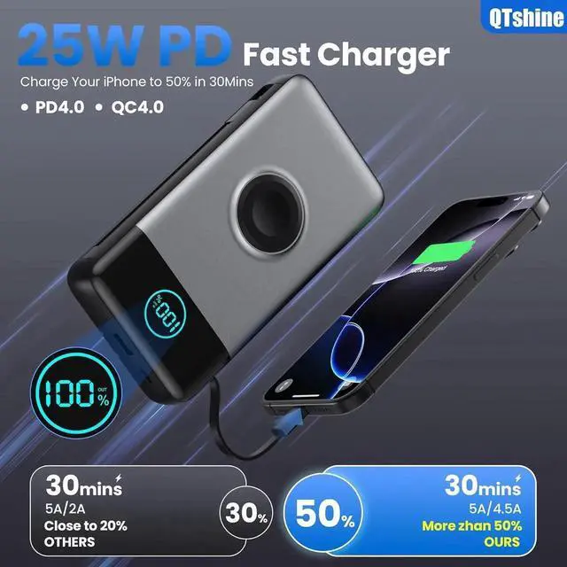 Alt view image 5 of 7 - Portable Charger 40800mAh Power Bank with Built-in Cables Wall Plug and iWatch Charger 6-IN-1 QC4.0+25W PD USB C Fast Phone Charging LCD Display Battery Pack for iPhone 16/15/14 Watch Galaxy etc