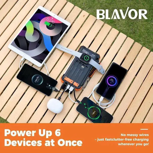 Alt view image 2 of 7 - JAENFONG Solar Power Bank 20000mAh/74000mWh Built-in Cables Wireless Charger for Watch 20W Fast Charging Battery Pack with USB C Flashlight Solar Charger for iPhone iPad iWatch
