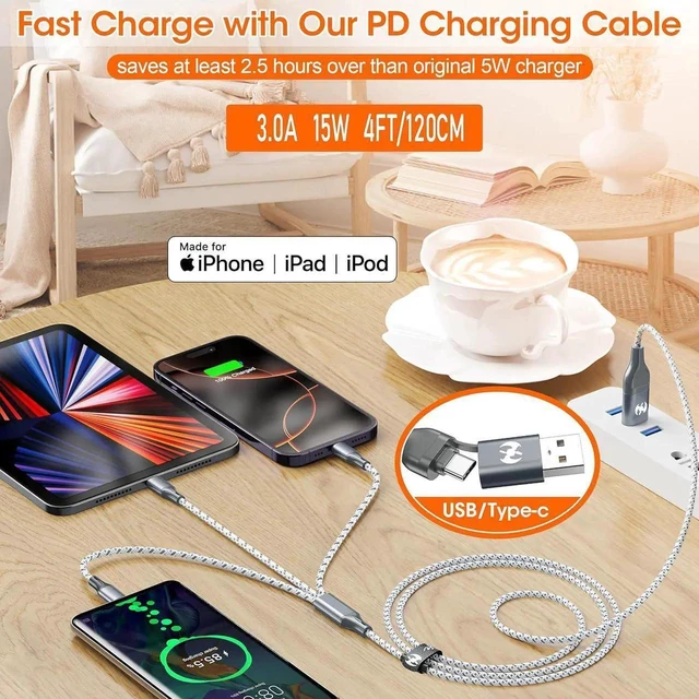 Alt view image 2 of 6 - JAENFONG Multi Charging Cable (3Pack 4ft) 3 in 1 Charging Cable Travel Essentials Nylon Braided Cord USB A/C Port iPhone Charger Cord with Type C Micro Lightning USB for iPhone Android Phone