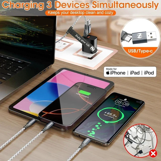 Alt view image 6 of 6 - JAENFONG Multi Charging Cable (3Pack 4ft) 3 in 1 Charging Cable Travel Essentials Nylon Braided Cord USB A/C Port iPhone Charger Cord with Type C Micro Lightning USB for iPhone Android Phone