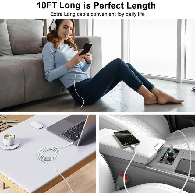 Alt view image 4 of 7 - USB C to USB C Charging Cable 10FT 2 Pack 60W Type C Charger Fast Charging Cable Nylon Braided 10FT Long Type C Charger Cord for iPhone 16/16 Plus/16 Pro/16 Pro Max/15/15 Pro/15 Pro Max iPad Pro