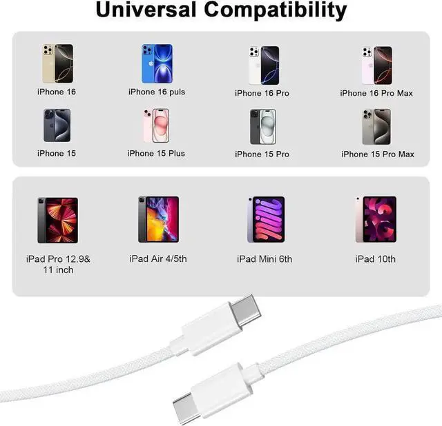 Alt view image 7 of 7 - USB C to USB C Charging Cable 10FT 2 Pack 60W Type C Charger Fast Charging Cable Nylon Braided 10FT Long Type C Charger Cord for iPhone 16/16 Plus/16 Pro/16 Pro Max/15/15 Pro/15 Pro Max iPad Pro