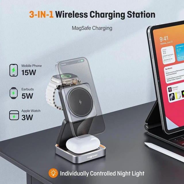 Alt view image 3 of 7 - 2025 UpgradedWireless Charger 3 in 1 Foldable Wireless Charging Station with Night Light for MagSafe Charger Travel Magnetic Charger Stand Nightstand Fast 15W Charging Station (20W Adapter)