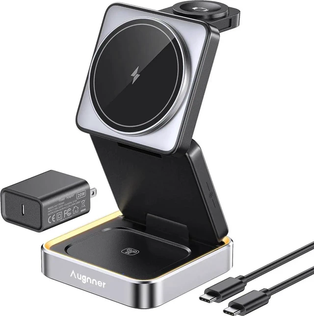 Main image of 2025 UpgradedWireless Charger 3 in 1 Foldable Wireless Charging Station with Night Light for MagSafe Charger Travel Magnetic Charger Stand Nightstand Fast 15W Charging Station (20W Adapter)