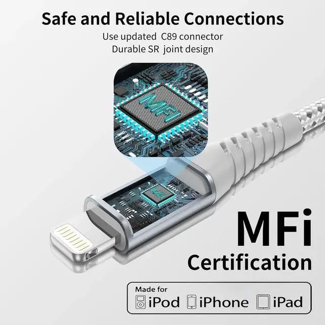 Alt view image 7 of 7 - 2FT Short iPhone Charger Cord 3 Pack 2 Foot USB A to Lightning Cable Braided MFi Certified 2 FT iPhone Cable Fast Charging for iPhone 14 13 12 11 Pro Max iPad AirPods Short Lightning Cord for Car
