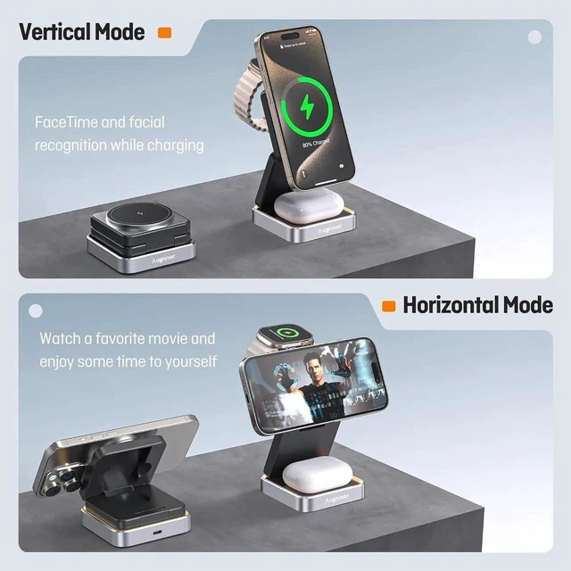 Alt view image 5 of 7 - 2025 UpgradedWireless Charger 3 in 1 Foldable Wireless Charging Station with Night Light for MagSafe Charger Travel Magnetic Charger Stand Nightstand Fast 15W Charging Station (20W Adapter)