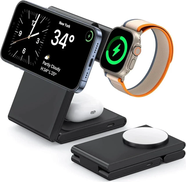 Main image of 3 in 1 Wireless Charging Station for Multiple Devices Fast Foldable Travel Mag-Safe Stand for iPhone 16/15/14/13/12/Series Magnetic Charger for Watch 10/Ultra 2/AirPods 4 with 20W Adapter