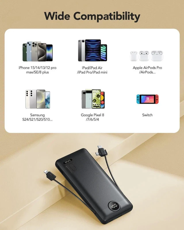 Alt view image 2 of 7 - Portable Charger Built-in Cables and AC Wall Plug USB C Power Bank 10000mAh Travel Essentials Phone Charger Compact Lightweight External Battery Pack for Smart Phones Tablets-Pure Black