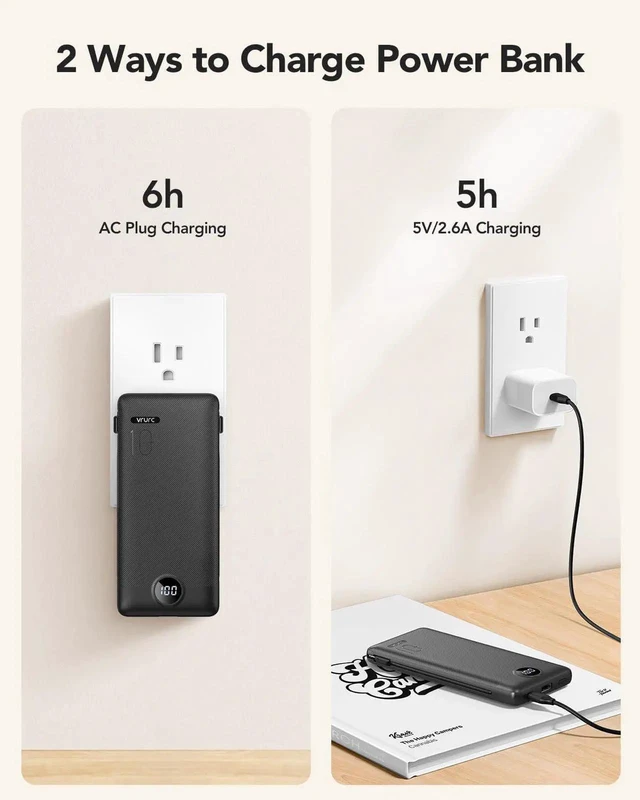 Alt view image 5 of 7 - Portable Charger Built-in Cables and AC Wall Plug USB C Power Bank 10000mAh Travel Essentials Phone Charger Compact Lightweight External Battery Pack for Smart Phones Tablets-Pure Black