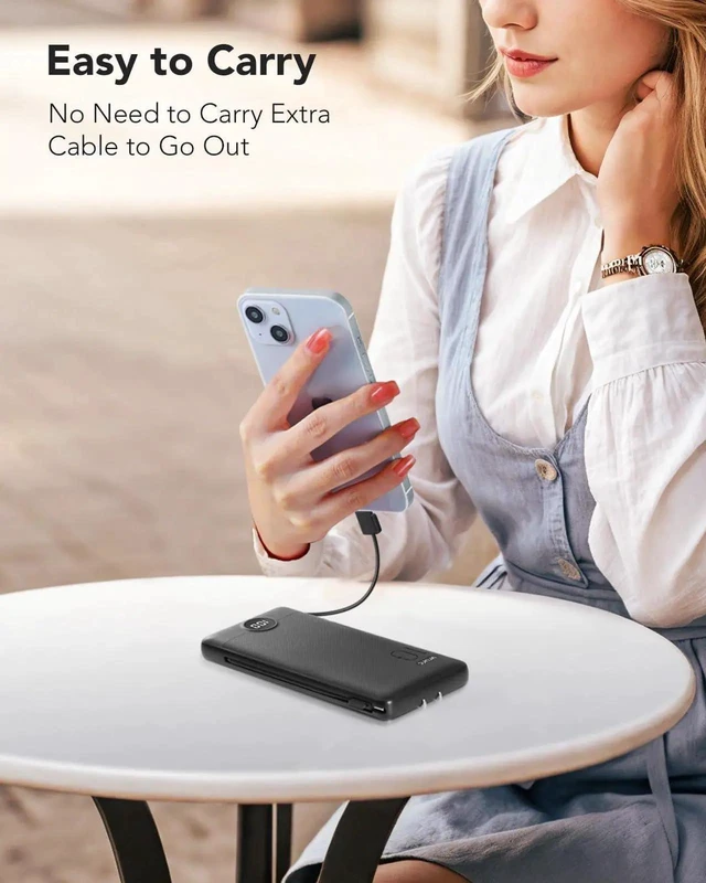 Alt view image 7 of 7 - Portable Charger Built-in Cables and AC Wall Plug USB C Power Bank 10000mAh Travel Essentials Phone Charger Compact Lightweight External Battery Pack for Smart Phones Tablets-Pure Black