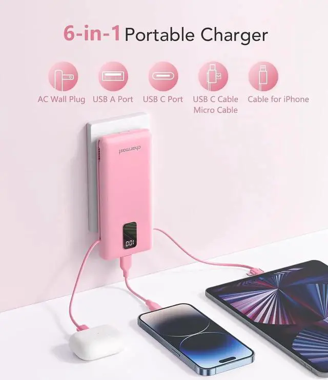 Alt view image 2 of 6 - JAENFONG Charmast Portable Charger with Built-in Cables & Wall Plug 10000mAh Portable Power Bank External Battery Pack Travel Essentials Compatible with iPhone 16/15/14/13 iPad etc