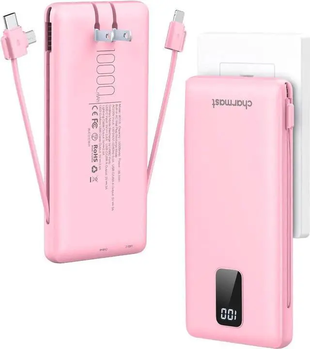 Main image of JAENFONG Charmast Portable Charger with Built-in Cables & Wall Plug 10000mAh Portable Power Bank External Battery Pack Travel Essentials Compatible with iPhone 16/15/14/13 iPad etc