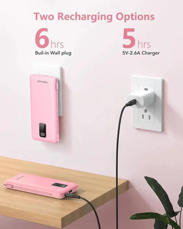 Alt view image 4 of 6 - JAENFONG Charmast Portable Charger with Built-in Cables & Wall Plug 10000mAh Portable Power Bank External Battery Pack Travel Essentials Compatible with iPhone 16/15/14/13 iPad etc
