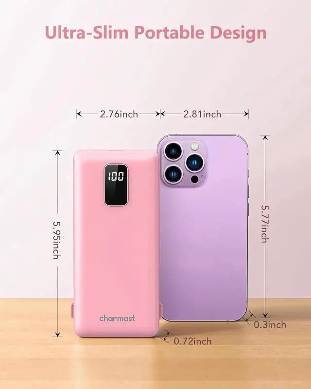 Alt view image 3 of 6 - JAENFONG Charmast Portable Charger with Built-in Cables & Wall Plug 10000mAh Portable Power Bank External Battery Pack Travel Essentials Compatible with iPhone 16/15/14/13 iPad etc