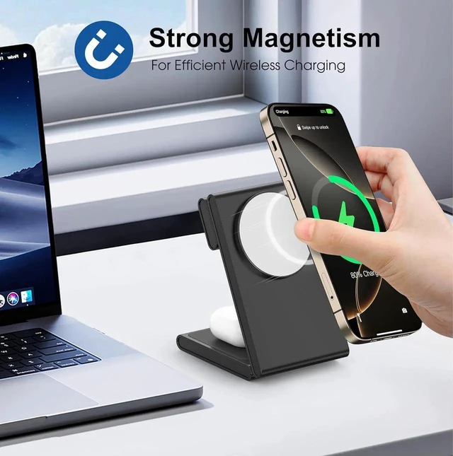 Alt view image 6 of 7 - 3 in 1 Wireless Charging Station for Multiple Devices Fast Foldable Travel Mag-Safe Stand for iPhone 16/15/14/13/12/Series Magnetic Charger for Watch 10/Ultra 2/AirPods 4 with 20W Adapter